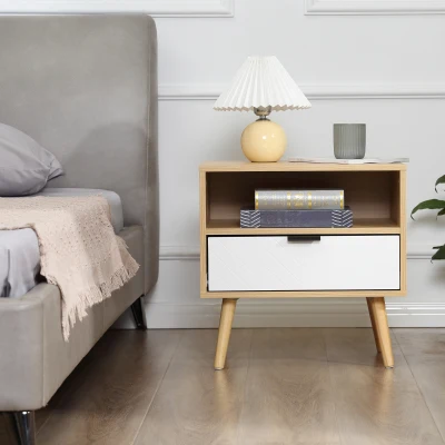 HOMCOM Mesa de Cabeceira de Estilo Moderno Mesa Auxiliar com 1 Gaveta e 1 Prateleira Aberta para Quarto 50x39,5x49,5 cm Natural