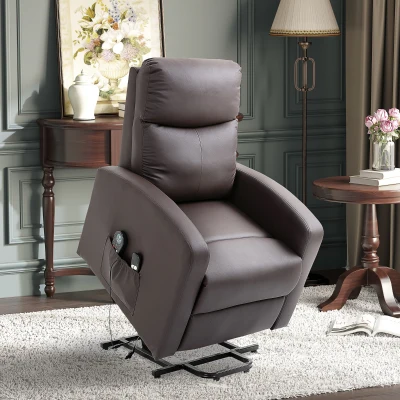 HOMCOM Massagestoel met opstaan hulp, relaxstoel, ligstoel, hoofdsteun, 8 vibratiepunten, 2 afstandsbedieningen, bruin