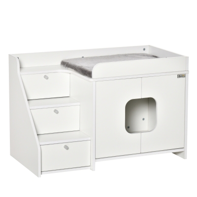 PawHut Katzenschrank für katzentoilette Katzenklo mit 3 Stufen der Treppe Katzenhaus Katzenhöhlen Katzenschrank für Katzenbett mit Türöffnung Weiß 90 x 48 x 59 cm