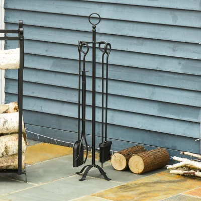 Outsunny 5-delige kachelset haardenset set haardgereedschap binnenhaardaccessoires haardkachelbestek smeedijzeren bestek gereedschap metaal zwart 20 x 20 x 82,5 cm