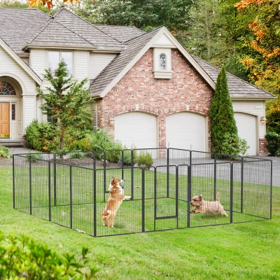 PawHut Puppy Run modulair ontwerp 16 panelen 2 deuren weerbestendig staal 3,2 x 3,2 x 1 m grijs