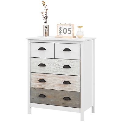 HOMCOM Sideboard, Commode, 5 Laden, gelakte afwerking, MDF & Grenenhout, 70 x 38 x 85 cm, Wit