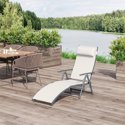 Leżak ogrodowy plażowy wypczynkowy składany z zagłówkiem kremowo-biały 137 x 63,5 x 100,5 cm Outsunny