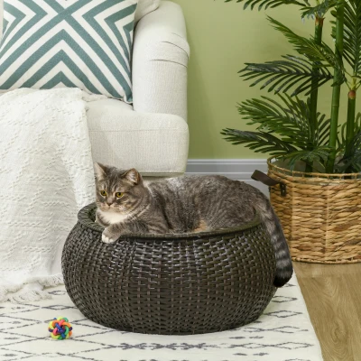 PawHut Katzenkorb inkl. Kissen und verstecktem Stauraum, Katzenbett, Haustierbett. PE-Rattan, Dunkelbraun + Creme