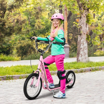 HOMCOM Roller Kinderroller mit Luftreifen Handbremse, 16 Zoll Tretroller Höhenverstellbar Kickscooter für Jungen und Mädchen ab 5 Jahre Kickboard Cityroller Kinder Scooter Rosa