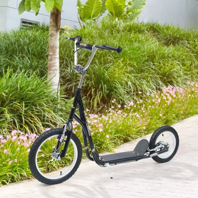 HOMCOM Kinderroller 16/12 Zoll Scooter Tretroller mit Bremsen Cityroller Kickboard Kinder Roller für 5+ Jahre Kinder Schwarz 135 x 58 x 92-100 cm