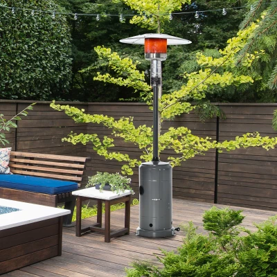 Outsunny Heizstrahler Terrassenheizer mit Drehknopf Rädern Terrassenstrahler mit automatischer Sicherheitsabschaltung rollbar Gas 12,5KW schirmförmig Metall rostfreier Stahl Kohlegrau Ø81,5 x 225 cm
