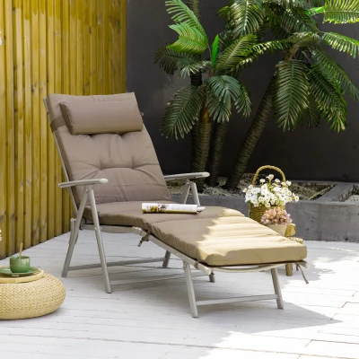 Outsunny Inklapbaar Ligbed Tuin Metalen Frame, Comfortabele Ligstoel Met Kussens, bruin