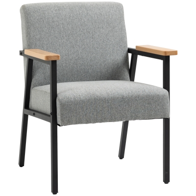 HOMCOM Accentstoel in Scandinavisch ontwerp, Relaxstoel, Accentstoel, Linnenlook, Rubberhout, Grijs + Zwart + Bruin