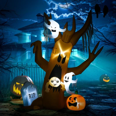 HOMCOM Dekoracja Halloween, 2,40m Wysokie Drzewo Duchów, Samonadmuchujące z Oświetleniem LED, Do Zewnątrz
