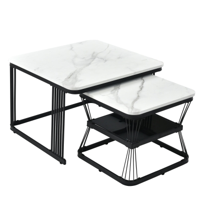 Ensemble de 2 tables basses gigognes modernes effet marbre avec structure en acier, Blanc