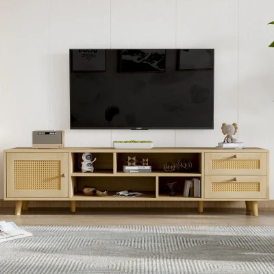 Meuble TV scandinave pour téléviseurs jusqu'à 70 pouces avec gestion des câbles, Naturel