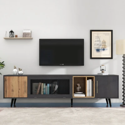 Meuble TV à roulette mobile pour écran jusqu'à 90 pouces en bois foncé avec veinures grises, Gris