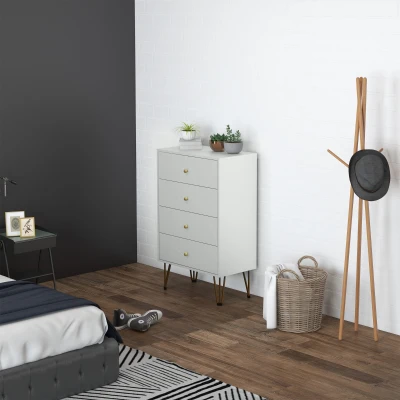 HOMCOM Cómoda de Quarto Moderna Cómoda de Madeira com 4 Gavetas e Pés Metálicos para Sala Escritório 60x40x100 cm Branco