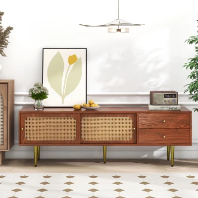 Meuble TV scandinave élégant avec portes coulissantes en rotin, Couleur noyer