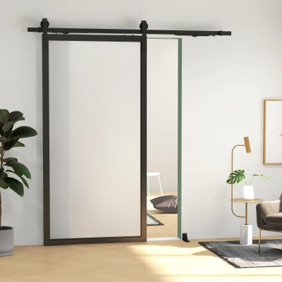 HOMCOM 6.6FT/200cm Kit de Ferragens para Porta Deslizante de Celeiro com Amortecedor Sem Perfuração e 2 Trilhos Preto