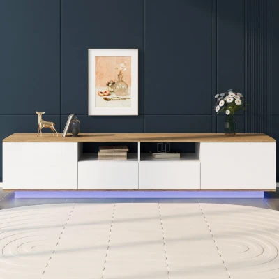 Meuble TV moderne mobile avec LED réglables, Blanc+naturel