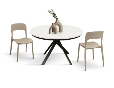 PAZZO DESIGN Tavolo Allungabile con Gambe Incrociate rotondo, Made in Italy, Basamento Nero, Bianco frassinato