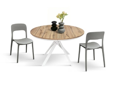 PAZZO DESIGN Tavolo Allungabile con Gambe Incrociate rotondo, Made in Italy, Basamento bianco, Rovere rustico