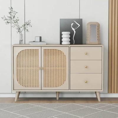 Buffet moderne pour salon avec 2 portes en rotin et 3 tiroirs, Blanc