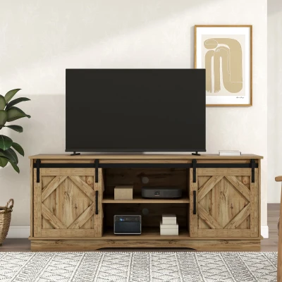 Meuble TV style rustique avec portes coulissantes et étagères réglables pour salon, Marron