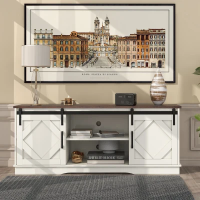 Meuble TV pour télévision jusqu'à 65 pouces style campagne moderne avec portes coulissantes et étagères réglables, Marron blanc