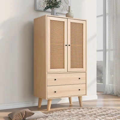 Buffet multifonction en bois avec portes en rotin, naturel