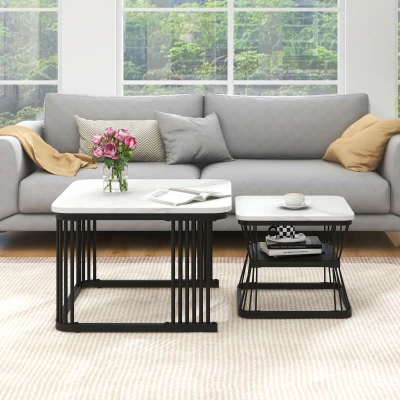 Ensemble de 2 tables basses gigognes modernes effet marbre avec structure en acier, Blanc