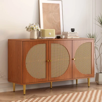 Buffet moderne avec 3 portes en rotin effet cannage, Couleur noyer