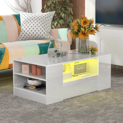 Table Basse Moderne Brillante Relevable avec Plateau Relevable, Blanc