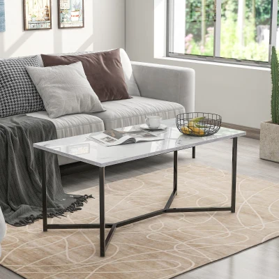 Table Basse Effet Marbre en Solde avec Base en Métal, Blanc