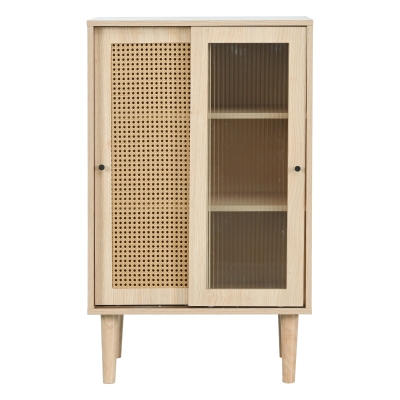 Buffet moderne en bois avec portes coulissantes en verre et rotin synthétique à 6 étagères internes, Naturel