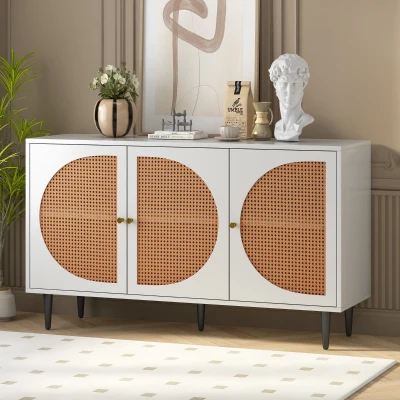 Buffet moderne avec 3 portes en rotin et poignées en métal, Blanc