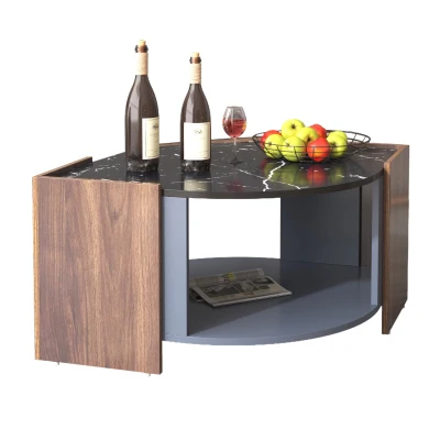 Mesa de Centro de Mármol Negro y Nogal con Líneas Únicas Mesa de Sala de Estar de Diseño Elegante Negro