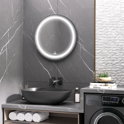 kleankin Badkamerspiegel met LED-Verlichting, Dimbaar, 3 Lichtkleuren, Metalen Frame, Ø60 cm, Zwart
