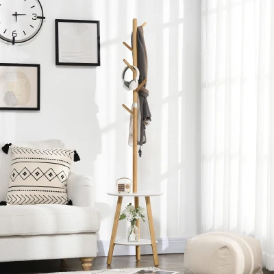 HOMCOM Cabide de Pé de Bambu 2 em 1 com 2 Prateleiras 5 Ganchos e Estrutura de Alumínio 39x5x39,5x71cm Madeira e Branco