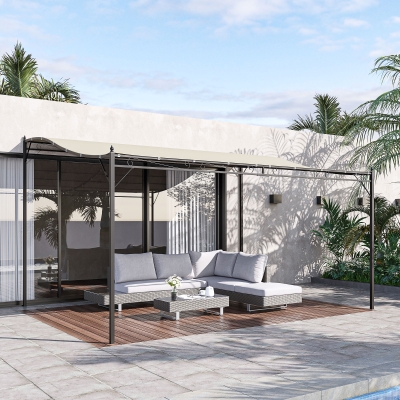 Outsunny Pérgola de Jardim 4x3m Pérgola Montada na Parede com 16 Orifícios de Drenagem Metal e Poliéster 180 g/m² Creme