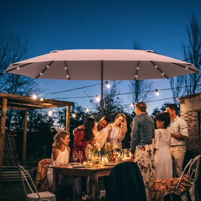 Outsunny parasol met LED dubbele parasol 440 x 260 cm tuinparasol marktparasol grote terrasparasol met handslinger ovaal metaal kaki