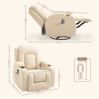 HOMCOM Fotoliu cu Masaj si Incalzire, Fotoliu Rabatabil din Imitatie de Piele cu 8 Puncte de Masaj si Telecomanda, 85x94x104cm, Bej(m-3)