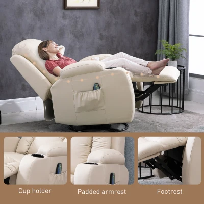 HOMCOM Fotoliu cu Masaj si Incalzire, Fotoliu Rabatabil din Imitatie de Piele cu 8 Puncte de Masaj si Telecomanda, 85x94x104cm, Bej(m-8)