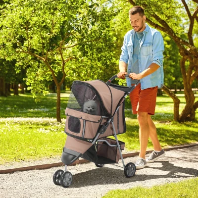 PawHut Hundebuggy Hundewagen bis 10 kg Klappbar Bodenkorb 2 Becherhalter verstellbares Vordach Kaffeebraun