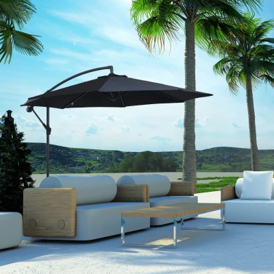 Outsunny Chapéu de Sol de Jardim Ø300x260cm Chapéu de Sol Excêntrico Inclinável com Manivela Base Cruzada e Suporte de Metal 8 Hastes para Terraço Exterior Balcão Preto
