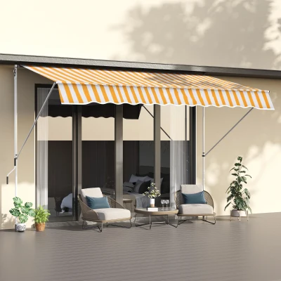 Outsunny Toldo Portátil 3x1,5m Manual Dobrável de Alumínio Altura Regulável com Manivela para Terraço Jardim Amarelo e Branco