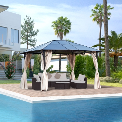 Outsunny Pérgola de jardim 3,65x3 m  de aço com telhado de policarbonato de 6 mm Proteção UV 50+ e 4 cortinas laterais Bege