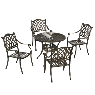 Outsunny 5-Piece Outdoor Furniture Dining Set, Cast Aluminum Conversation Set with 4 Chairs and Round Table with Umbrella Hole for Patio Garden Deck, Bronze Tone