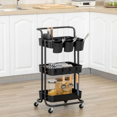 HOMCOM Carrello Cucina 3 Livelli con Cestini, Ganci e 12 Divisori