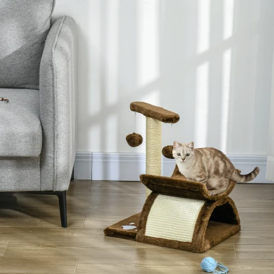 PawHut Cat Tree, Cat Tower for Kittens, Small Cat Condo with Rotatable Top Bar, Sisal Scratching Post, Tunnel, Dangling Balls - Brown