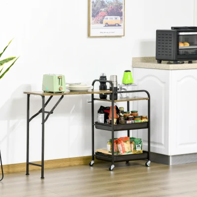 HOMCOM keukenwagen keukentrolley serveerwagen met opklapbaar tafelblad 2 dienbladen en een open plank zwenkwielen verstelbare voetsteunen E1 spaanplaat metaal rustiek bruin 118x36.5x82 cm