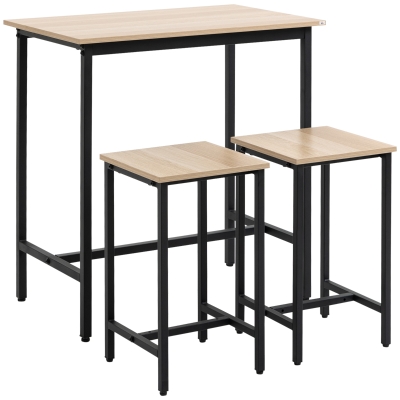 HOMCOM Bartafelset in industrieel design, 3-delig, 1 tafel, 2 krukken, Zwart + Natuur