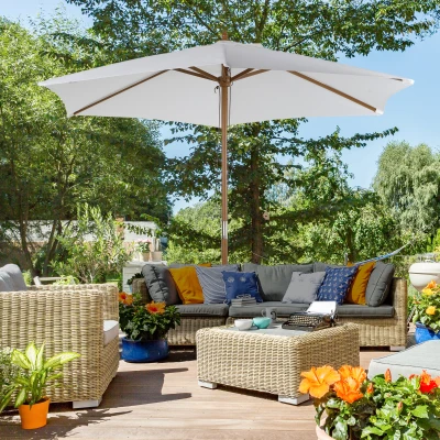 Outsunny D2.5m Bamboo Wooden Market Patio Umbrella Garden Parasol Outdoor Sunshade Canopy, 6-ribs, Cream White